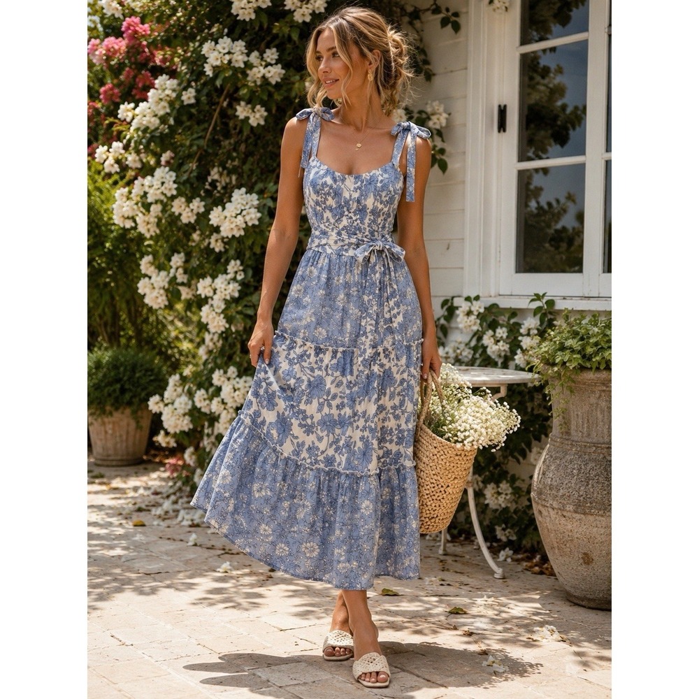 KRUSH The Boutique Midi Dress L Noah Blue Floral Tie Strap Midi Cottagecore